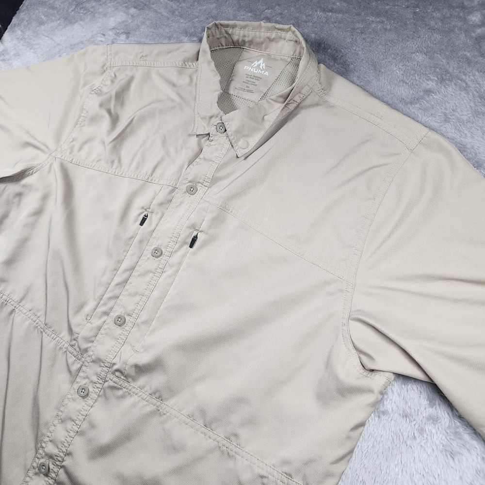 Pnuma Fishing Shirt Mens XL Beige Solid Short Sleeve Button‎ Up Vented Outdoor